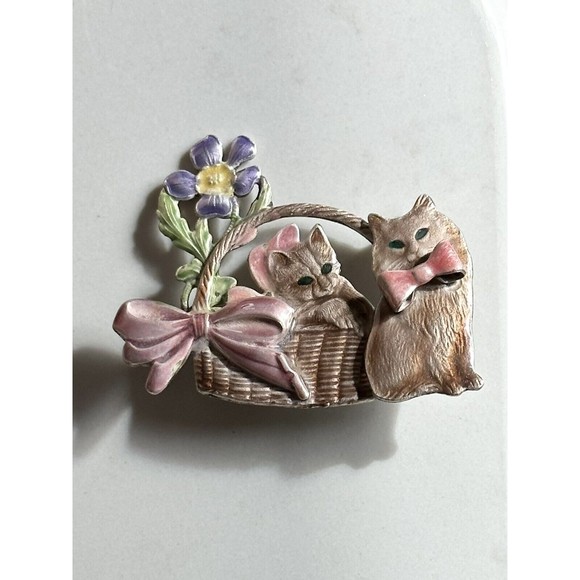 Vtg Kenneth Cole Enamel Rhinestone Cat Kitten In Basket Brooch Clasp Pin Signed - Picture 6 of 10